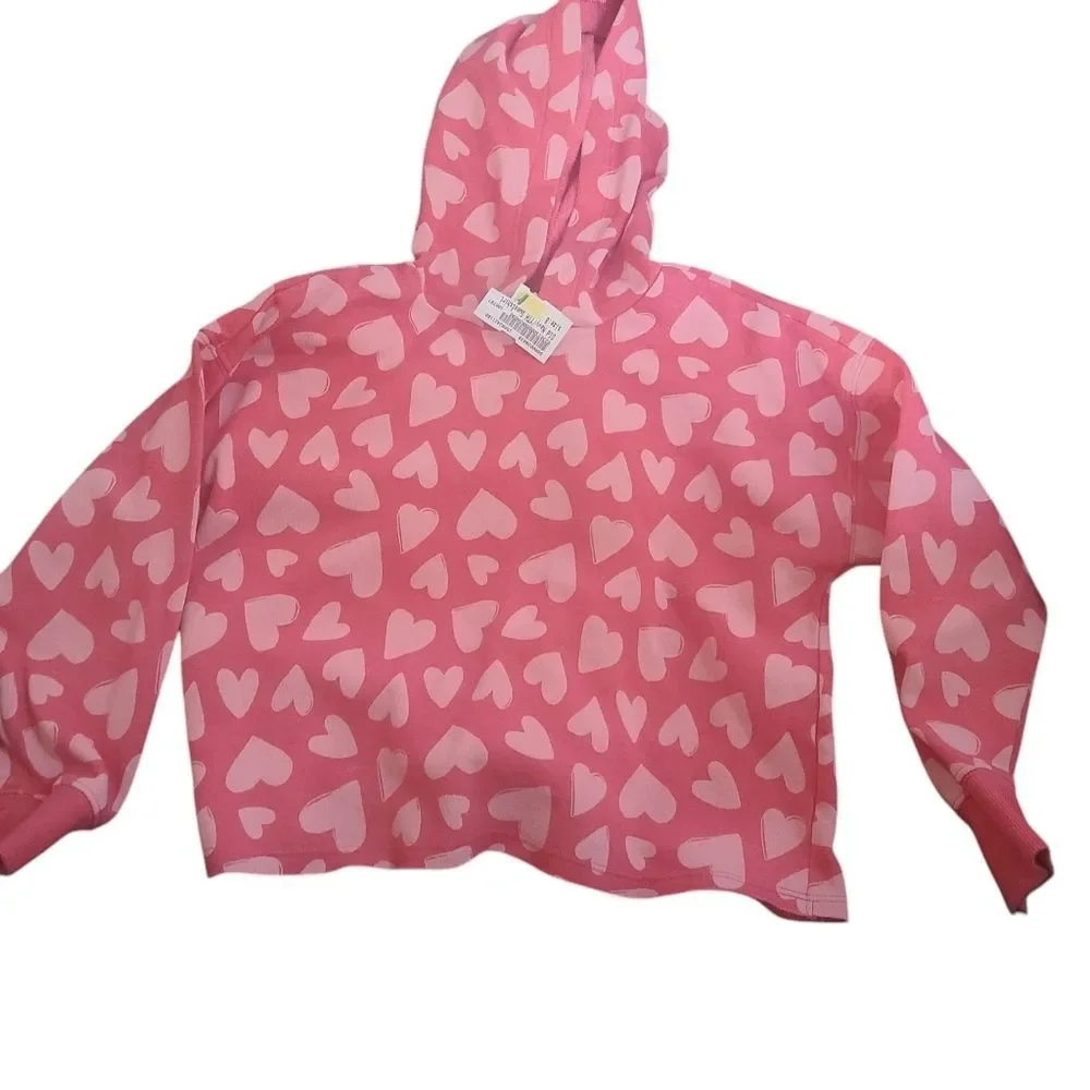 Old Navy Hoodie Pink Hearts Kids Semi-Cropped‎ Fleece-Lined Size Med